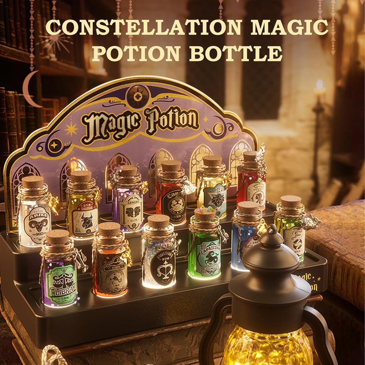 Zodiac potion bottles arranged on the illuminated display stand