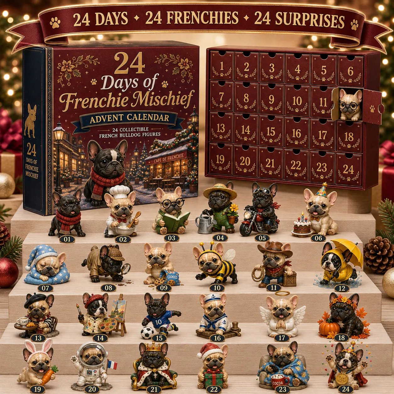 🐶 24-Day French Bulldog Christmas Advent Calendar | 24 Unique Collectible Frenchie Characters with Different Outfits, Personalities & Daily Holiday Surprises 🎄✨