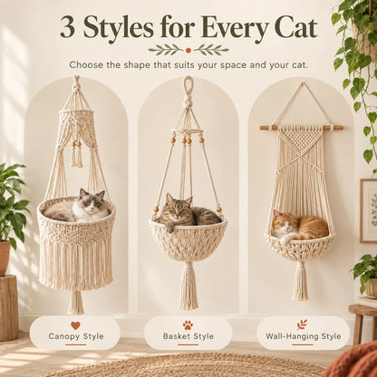 Handmade Cotton Rope Hanging Cat Hammock & Artistic Swing Nest Boho Suspended Cat Bed for Window, Wall & Home Decor