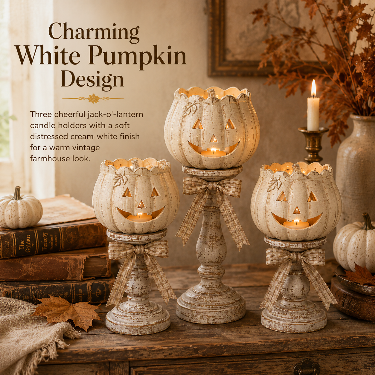 Harvest Glow White Pumpkin Pedestal Tealight Holders – Set of 3