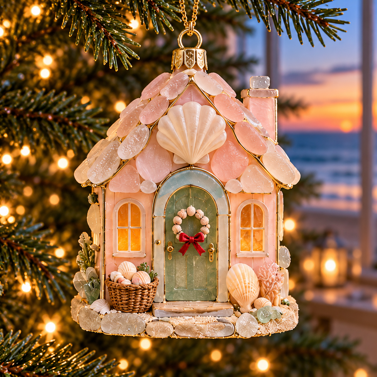 🌊 2026 Coastal Christmas Cottage Ornaments – Set of 6 Beach House Holiday Keepsakes