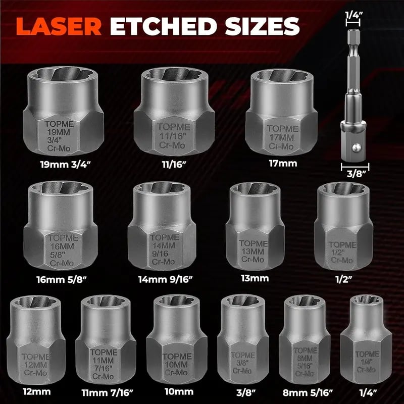 TOPME Bolt Extractor Kit,13+1 Piece Impact-Grade CR-MO Steel Nut Remover Set, 3/8' Drive Socket for Removing Frozen/Rusted/Rounded Bolts & Lug Nuts (Sizes 8-19mm)