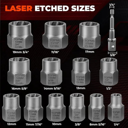 TOPME Bolt Extractor Kit,13+1 Piece Impact-Grade CR-MO Steel Nut Remover Set, 3/8' Drive Socket for Removing Frozen/Rusted/Rounded Bolts & Lug Nuts (Sizes 8-19mm)