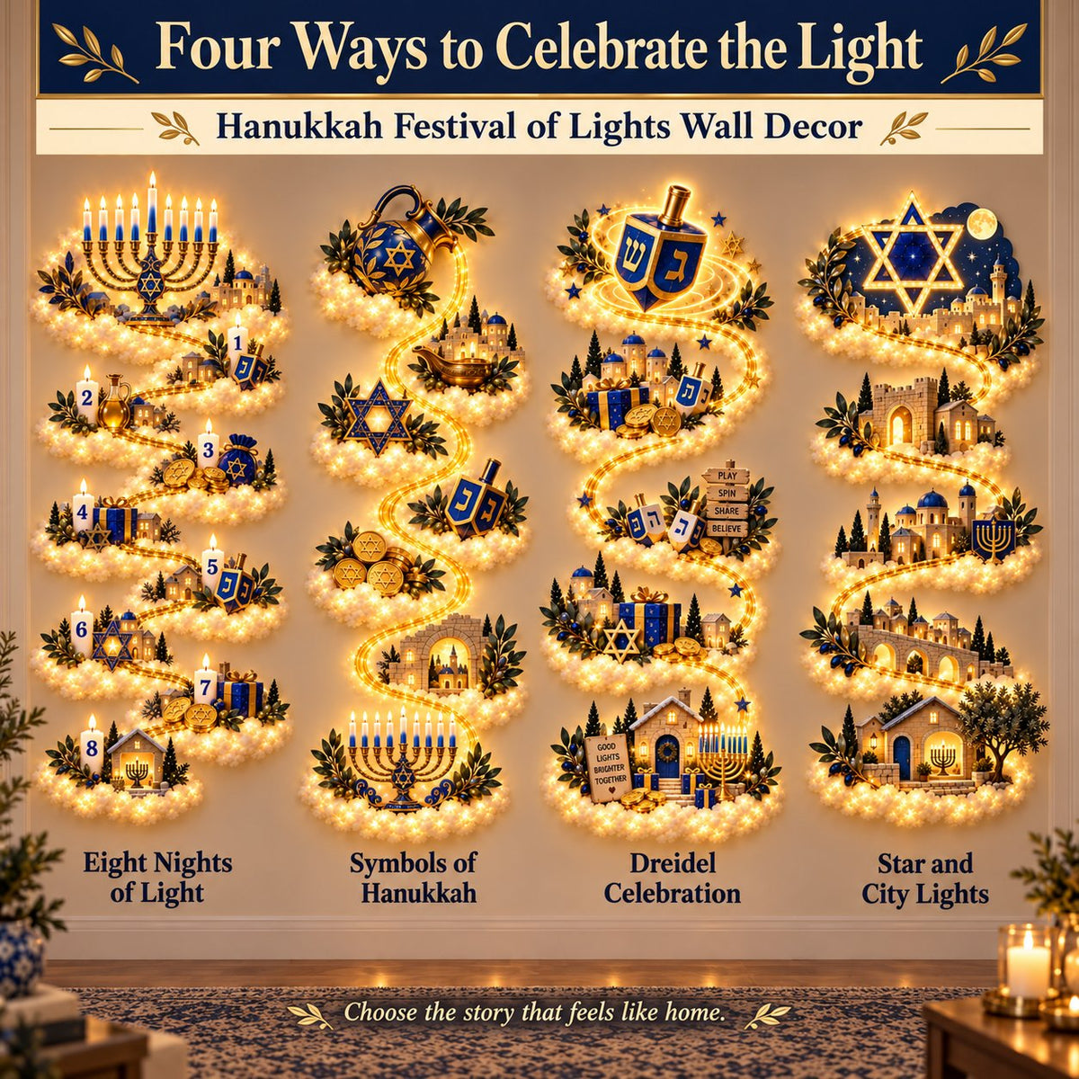 🔥🎁🕎 Hanukkah Festival of Lights Wall Decor Collection – 4 Glowing Designs Celebrating Eight Nights of Light ✨