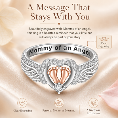 Mommy of an Angel Ring – Angel Wings & Baby Footprints Memorial Keepsake