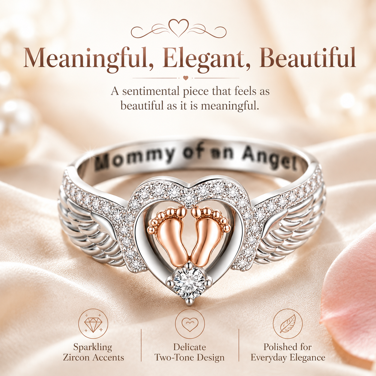 Mommy of an Angel Ring – Angel Wings & Baby Footprints Memorial Keepsake