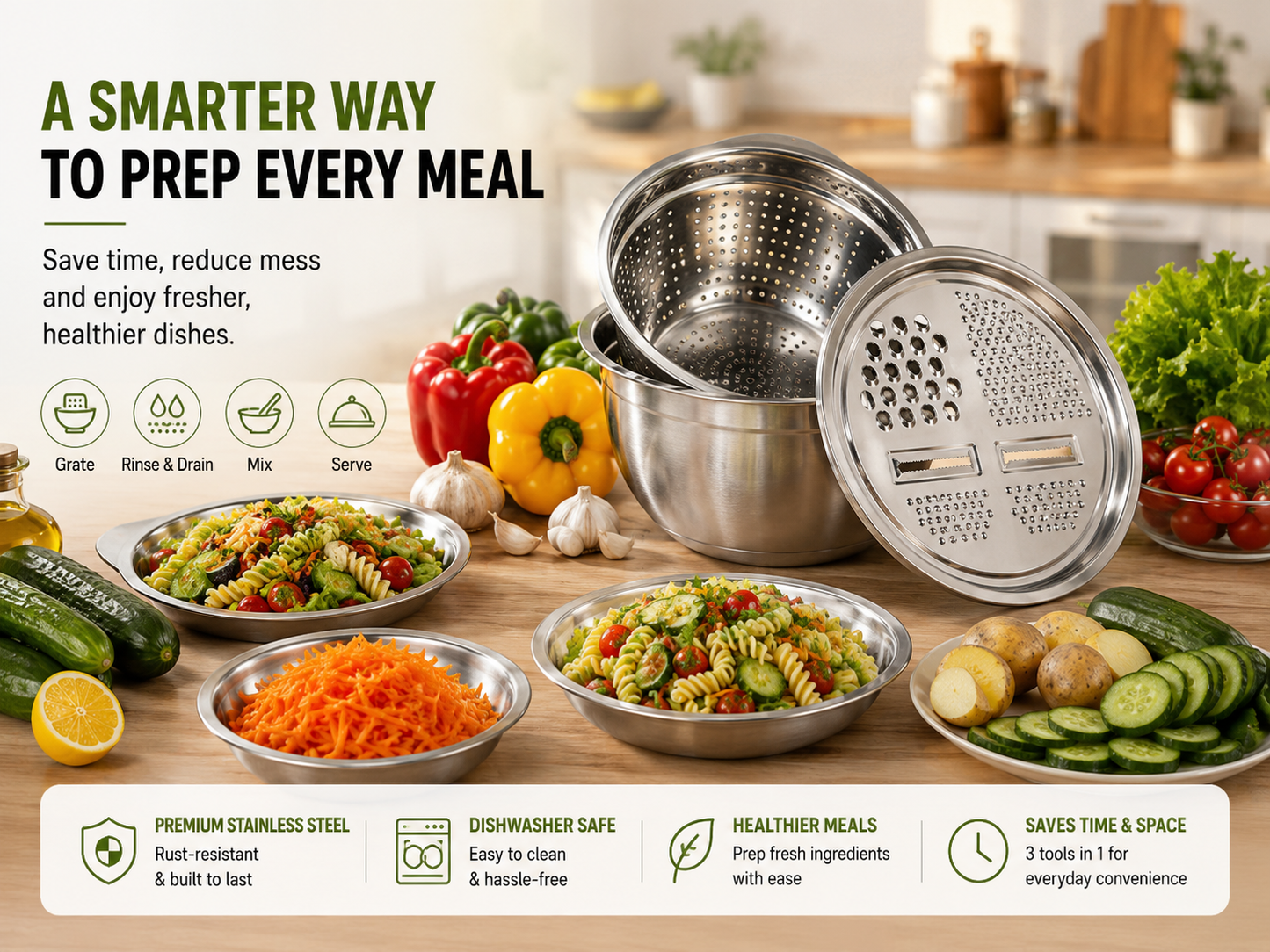 🎁3-in-1 Stainless Steel Grater Bowl & Colander Set