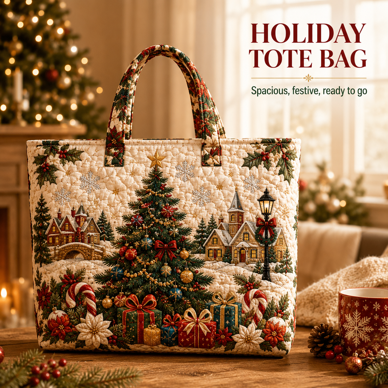 🎄 Quilted Christmas Shoulder Tote Bag – Festive Holiday Shopping Bag 🎁