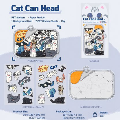 🐱 Cat Can Head Cute Cat PET Sticker Set, Kawaii Puzzle Decorative Stickers for Journal &amp; Scrapbook