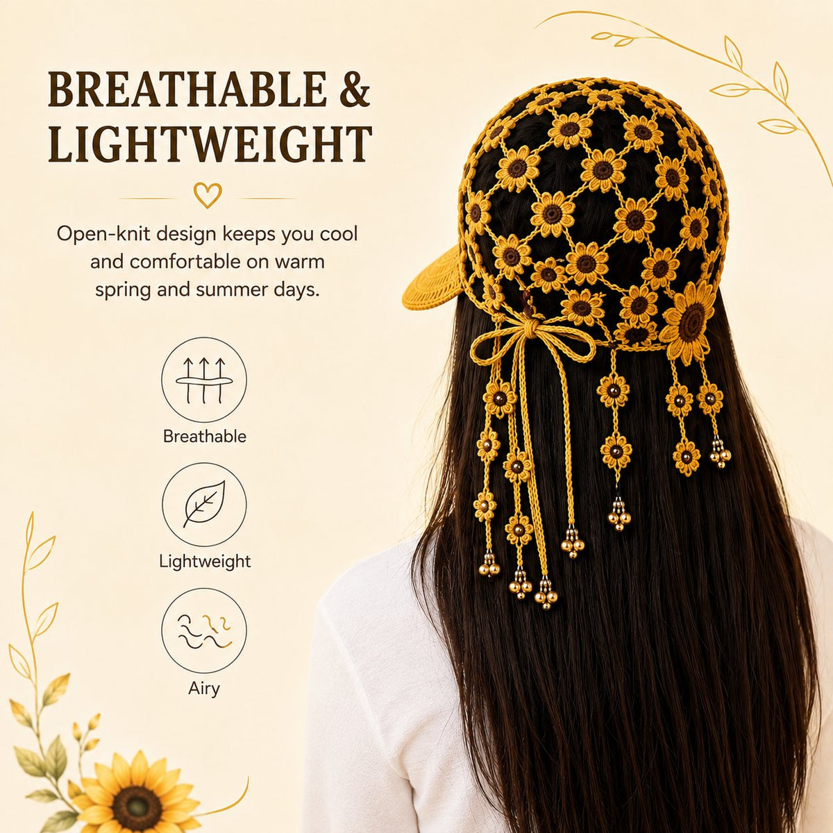 🔥Last Day 49% OFF - 🌻Women’s Handmade Crochet Sunflower Baseball Cap – Hollow-Out Boho Summer Sun Hat with Decorative Tassels