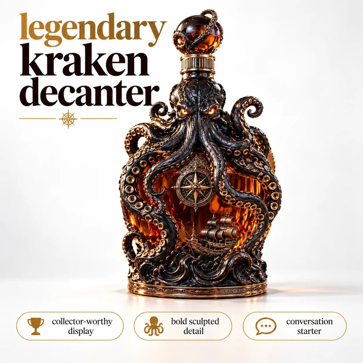🐙Kraken Voyage Octopus Whiskey Decanter | Gothic Nautical Bar Centerpiece