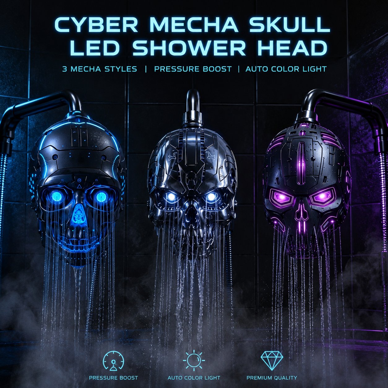 Cyber Mecha Skull Color Changing LED Pressure Boost Shower Head