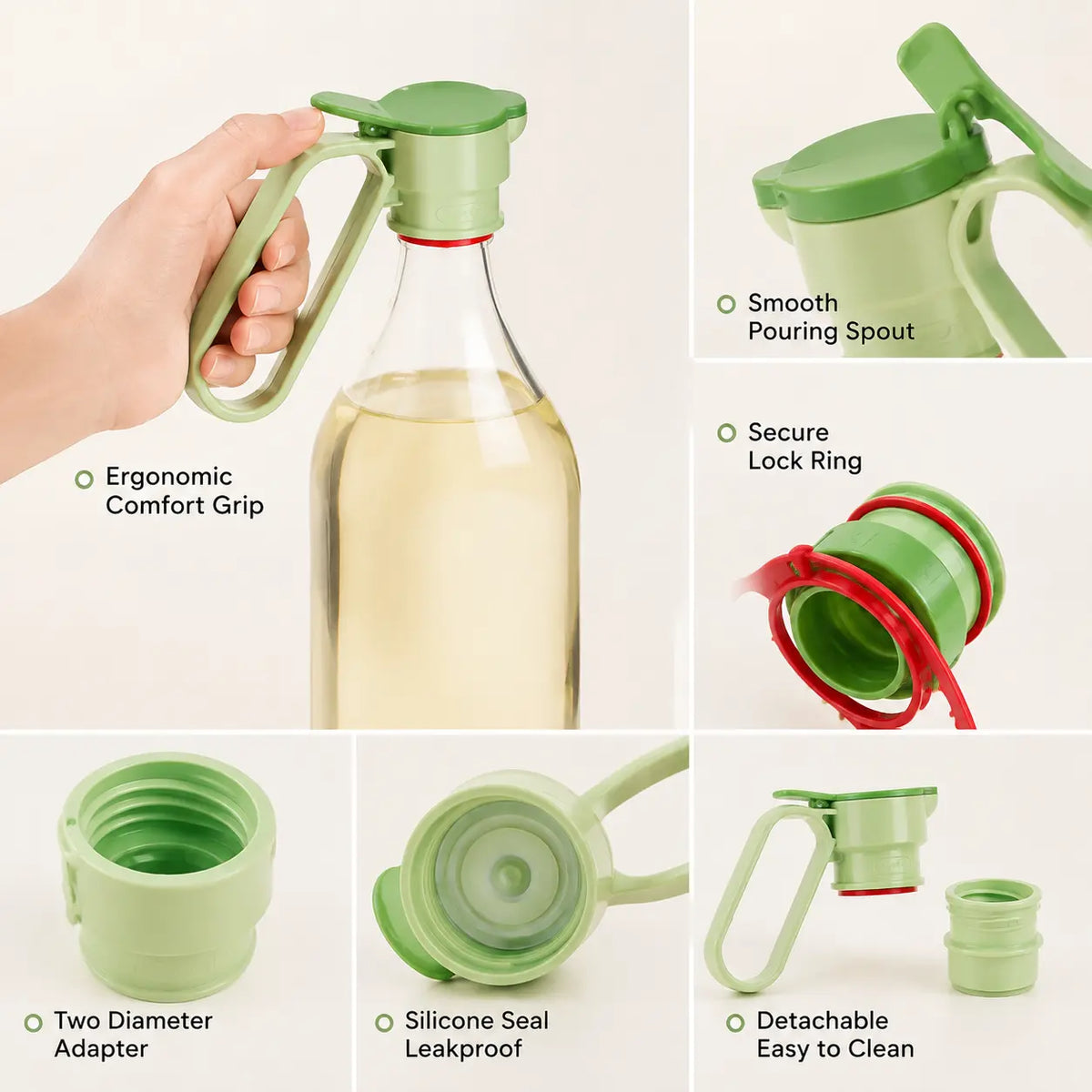 Sohochic Plastic Bottle Pour Spout Cap Dispenser - 1 Count, Portable Kitchen Utensil with Carry Handle, Detachable Wide Mouth & Different Caliber, for DIY Oil Pots & Refrigerator Cold Water Making