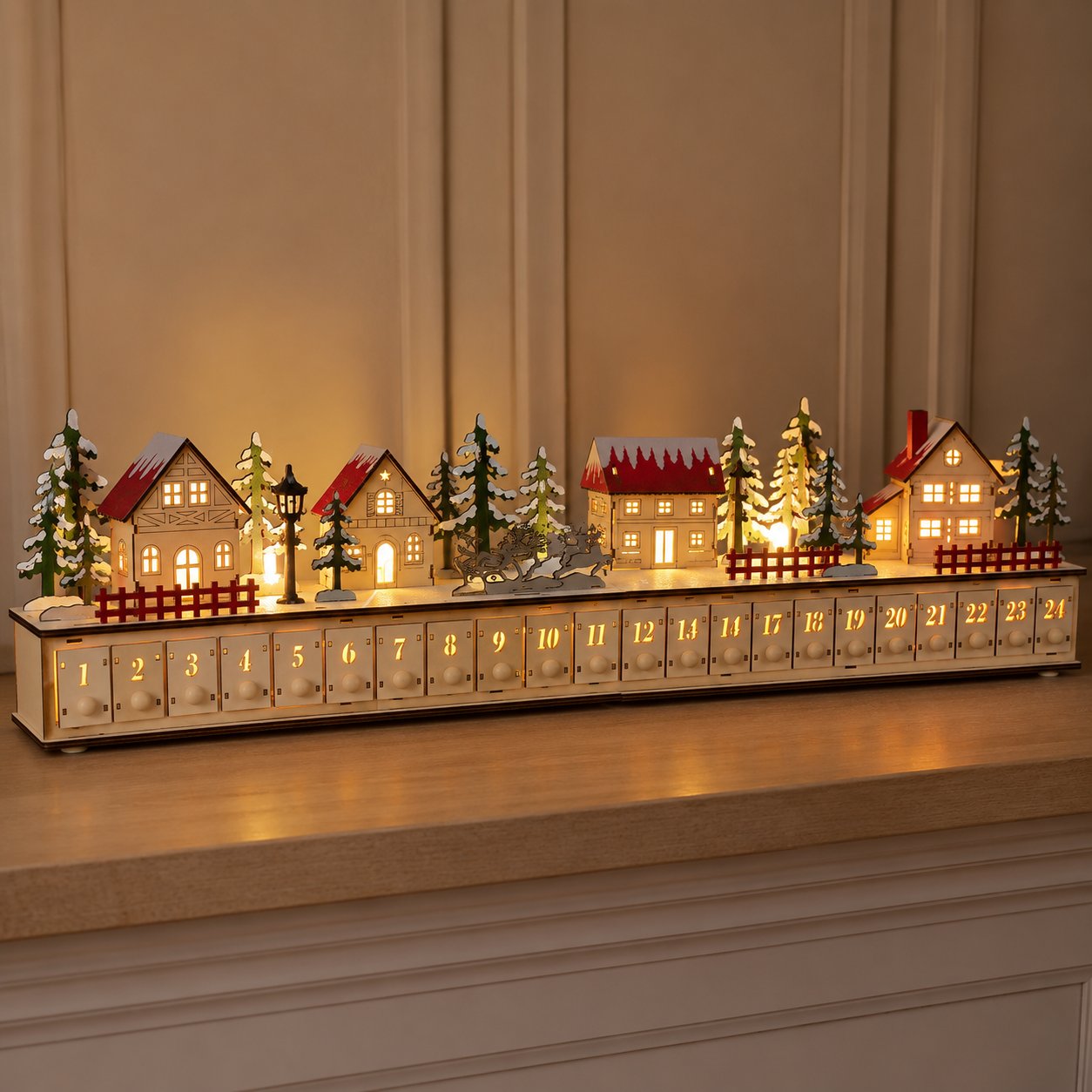 🏡🎁Wooden Village Advent Calendar With Led Glow