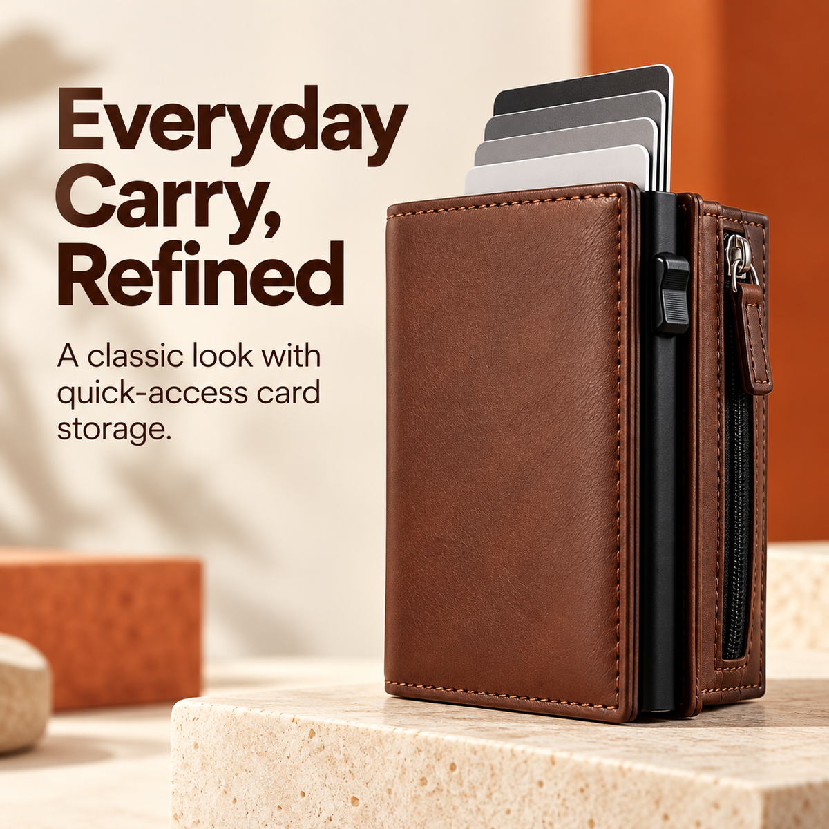 Compact wallet with cards partially raised from its quick-access card holder