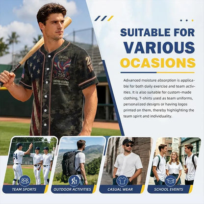 Men's USA 250th Anniversary Baseball Jersey Patriotic American Flag Eagle Button Down Shirt 1776-2026