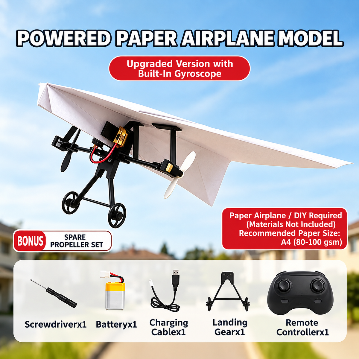 RC Paper Airplane Kit, Remote Control Plane with Gyro Stabilizer & Dual Propellers, DIY Foldable Flying Toy, Easy-to-Fly STEM Toy, Birthday Gift for Kids Boys & Adults