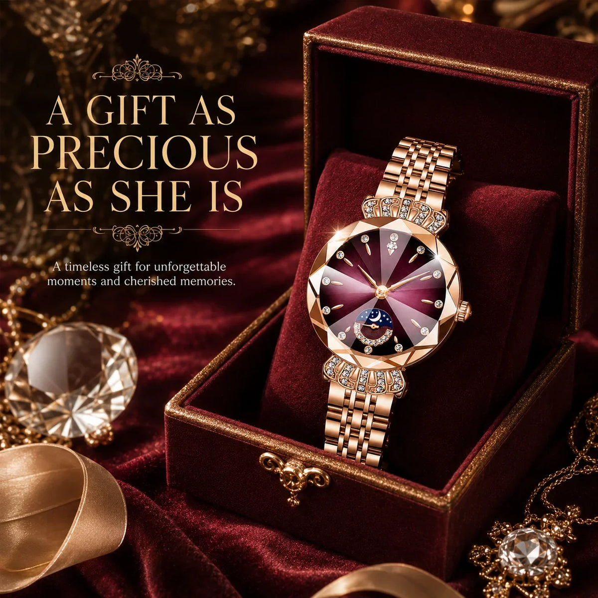 👑 Luxurious Rose Gold Crystal Quartz Watch – Diamond Cut Vintage Wristwatch✨