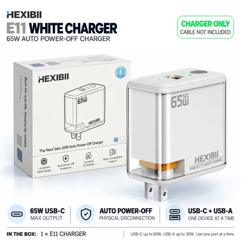 ⚡ HEXIBII 65W SiC Fast Wall Charger with Auto Power-Off – Dual USB-C & USB-A Charger Block for MacBook Pro, iPhone 18/17/16/15 & Galaxy