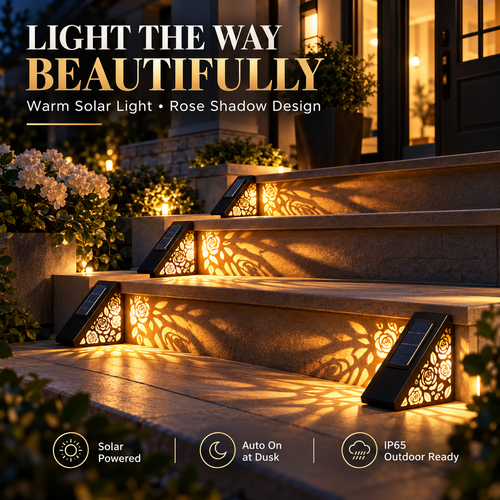 Solar Rose Step Lights Outdoor – Warm White IP65 Waterproof Stair & Deck Lights with Auto Dusk-to-Dawn Lighting