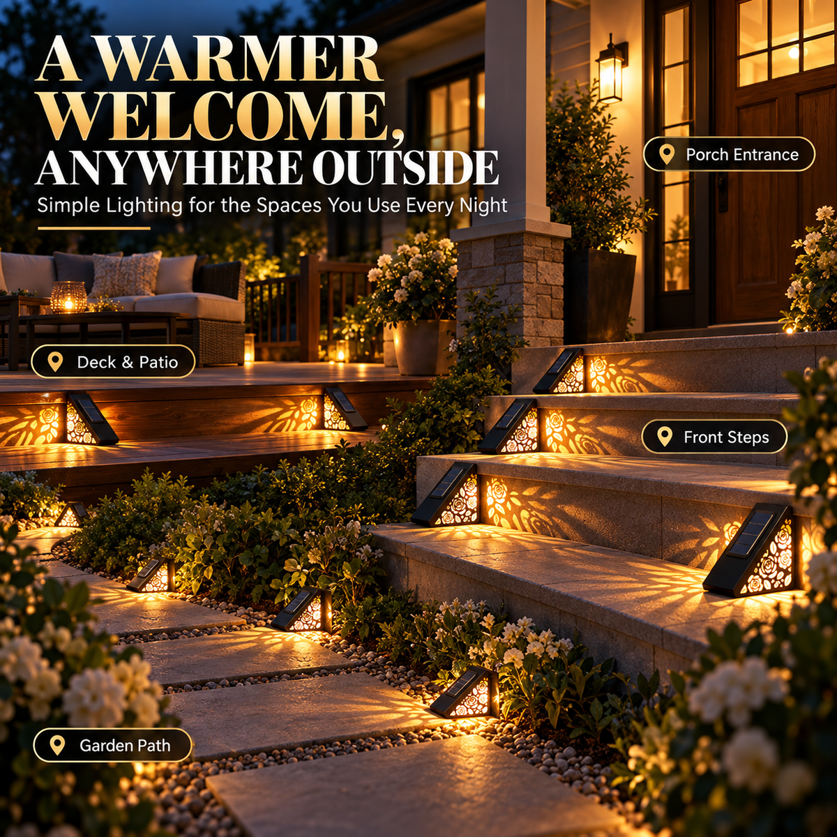 Solar Rose Step Lights Outdoor – Warm White IP65 Waterproof Stair & Deck Lights with Auto Dusk-to-Dawn Lighting