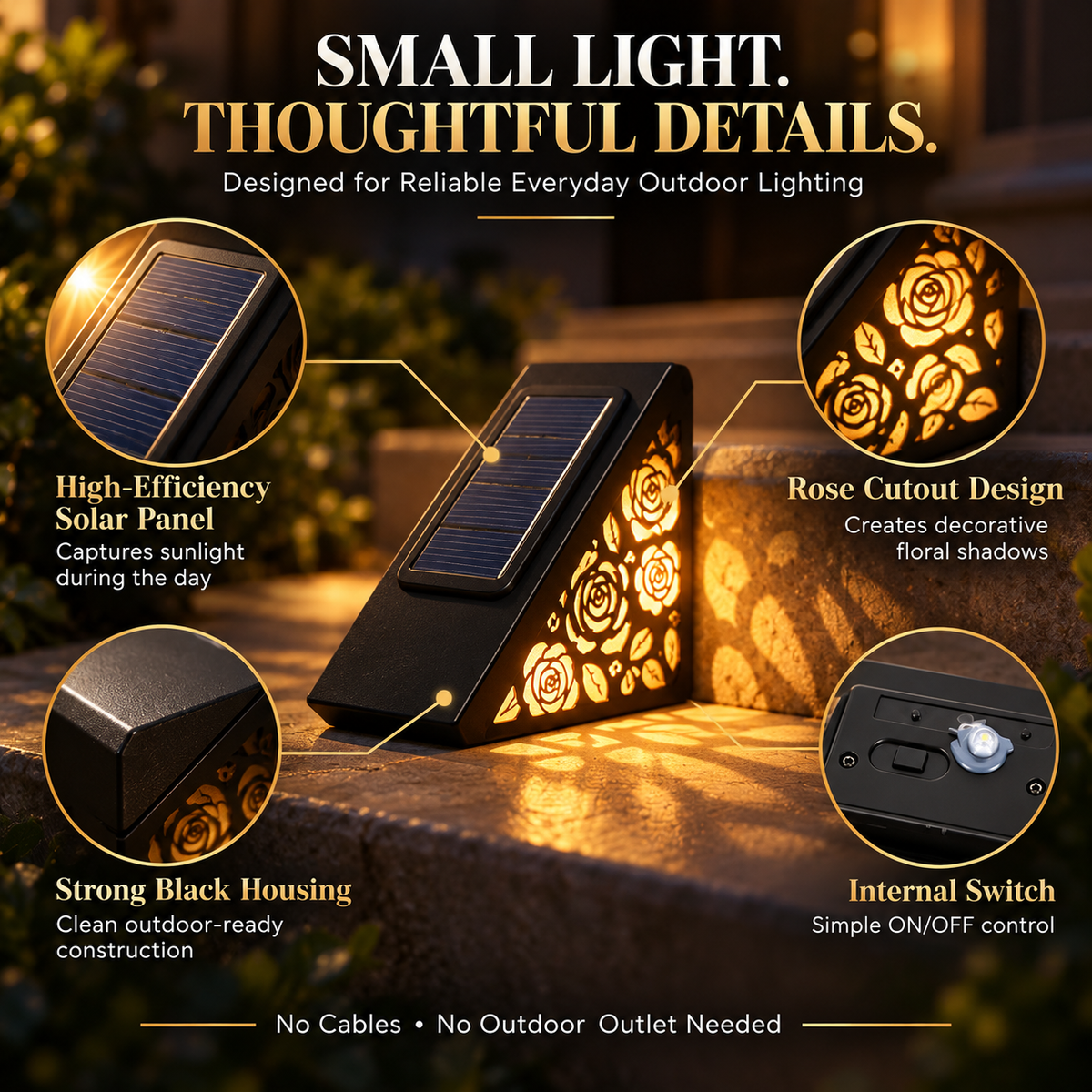 Solar Rose Step Lights Outdoor – Warm White IP65 Waterproof Stair & Deck Lights with Auto Dusk-to-Dawn Lighting
