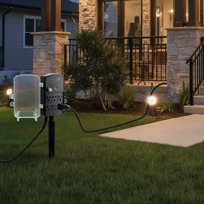 Outdoor Power Stake with 25FT Extension Cord – Weatherproof Outlet Strip with Protective Cover – Remote Control & Dusk to Dawn Light Timer for Christmas Lights 🏡✨