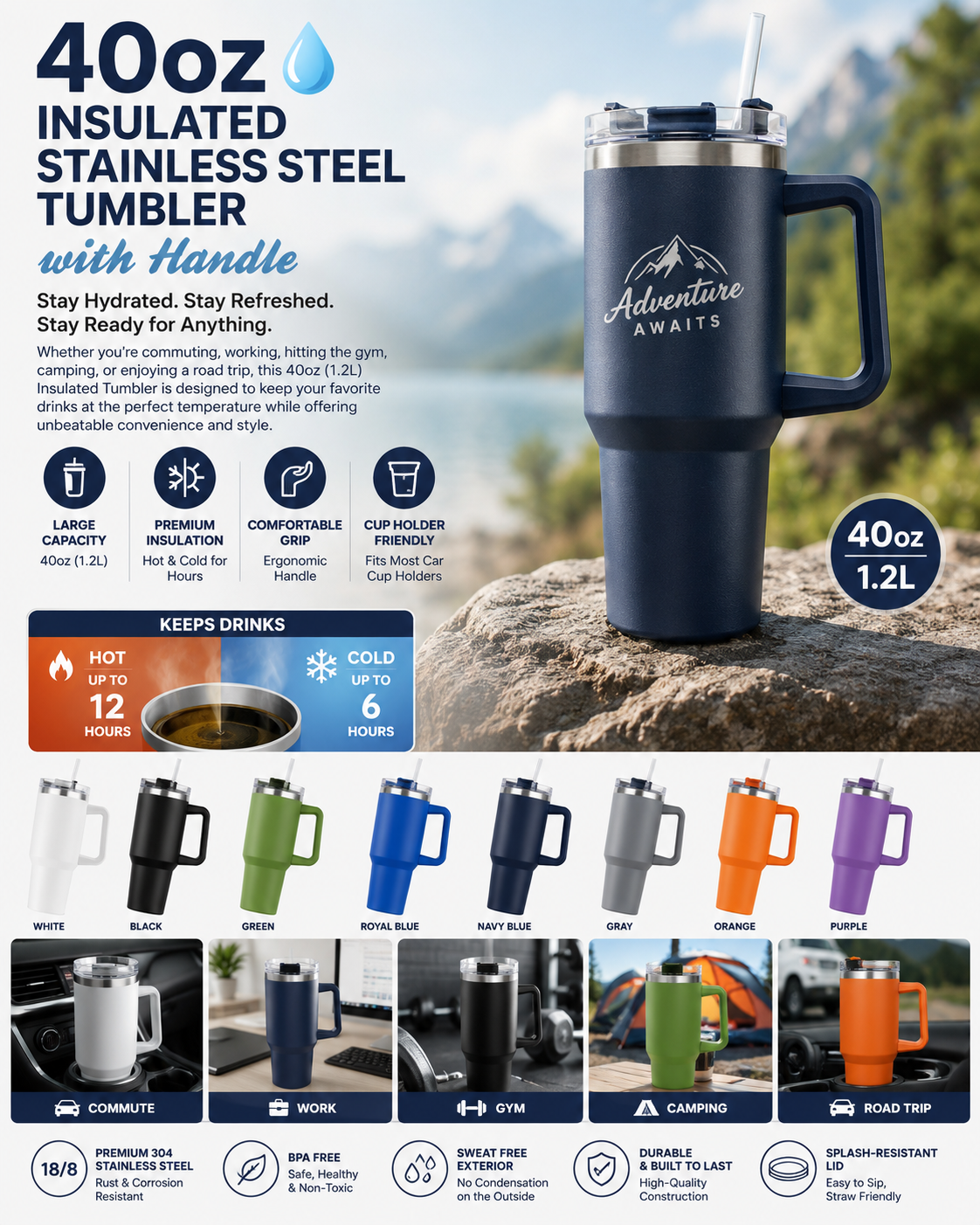 40oz Stainless Steel Ice Cup With Straw