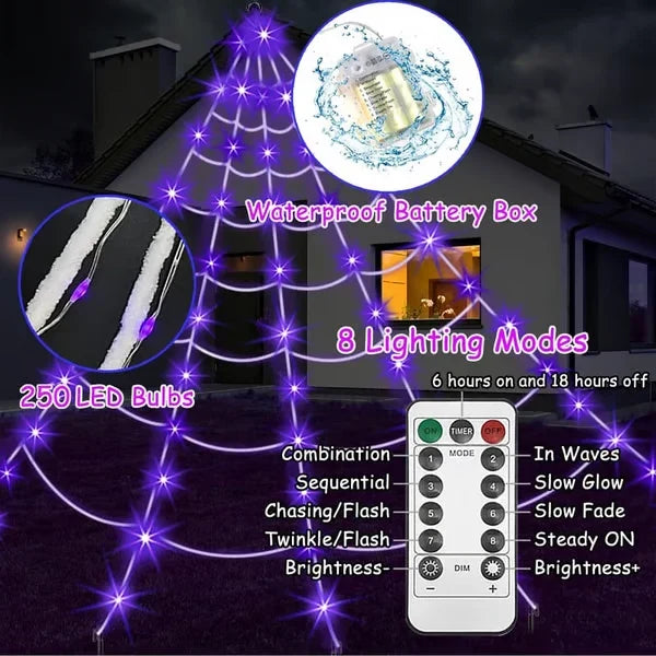 Halloween LED Spider Web Lights & Giant Black Spider Decor | 250 LEDs, 8 Modes, Remote Control