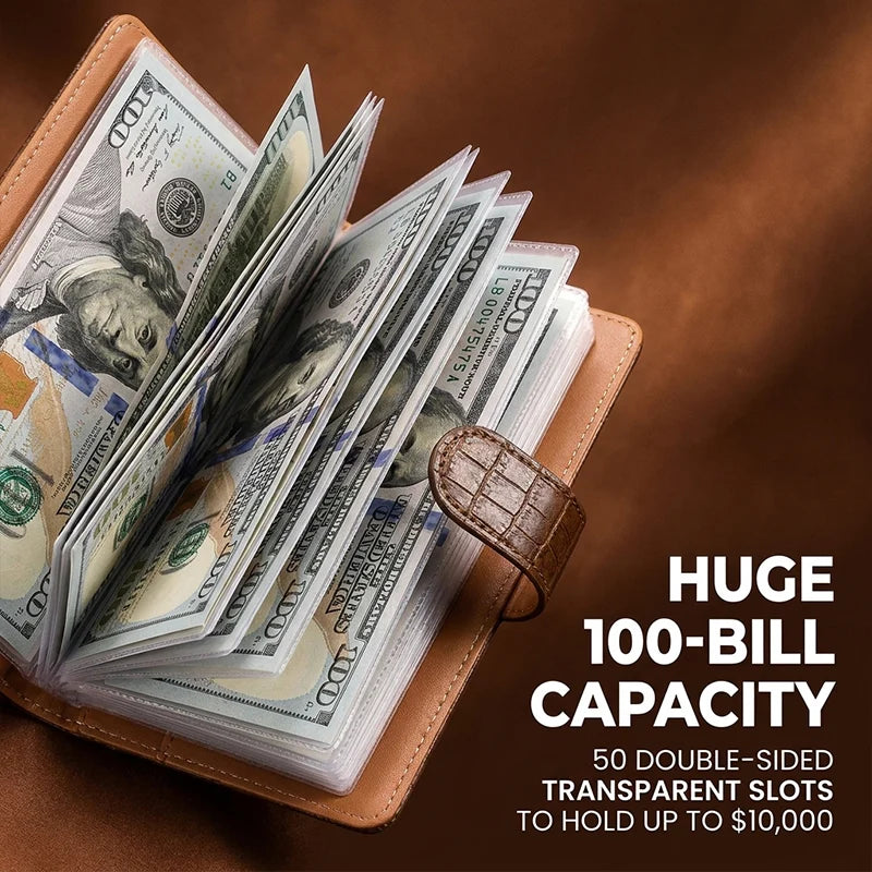 Savings notebook with transparent cash storage sleeves