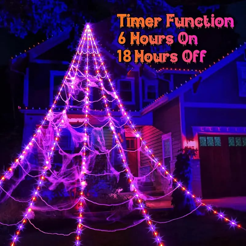 🔥Light-Up Halloween Spider Web Decor with Timer – Waterproof Purple & Orange LED Spooky Lights for Lawn & Outdoor Party