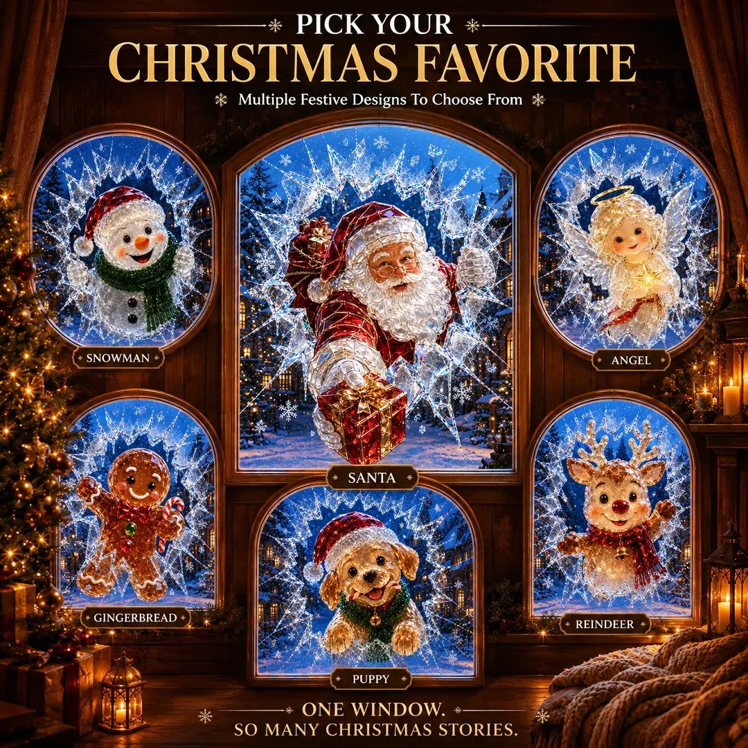 🎄Crystal Christmas Break-In Window Decal | 3D Shattered Glass Illusion with Sparkling Holiday Characters for Magical Window Decorations ✨🎅