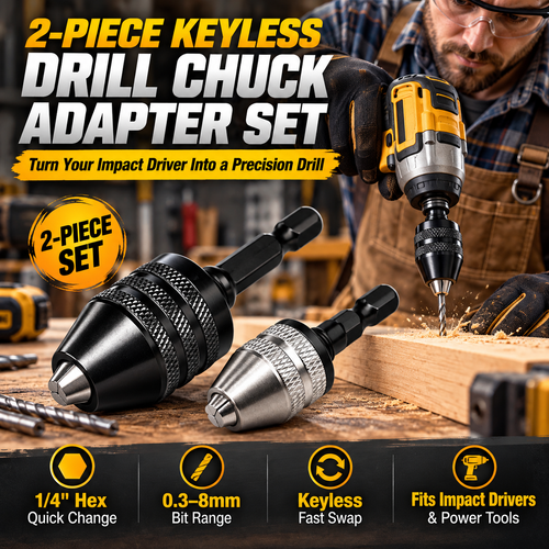 2-Piece Keyless Drill Chuck Adapter Set – 1/4′′ Hex Quick Change (0.3-8mm) for Impact Drivers & Power Tools