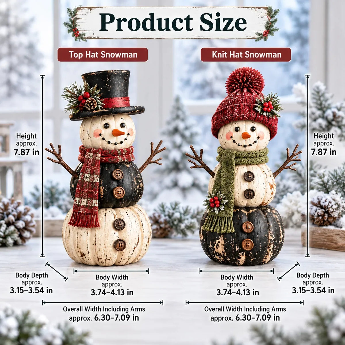 ☃️ Vintage Pumpkin Snowman Duo – Rustic Black & Ivory Farmhouse Christmas Figurines