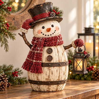 ⛄ Farmhouse Frosty | Whitewashed Barrel Snowman Decor