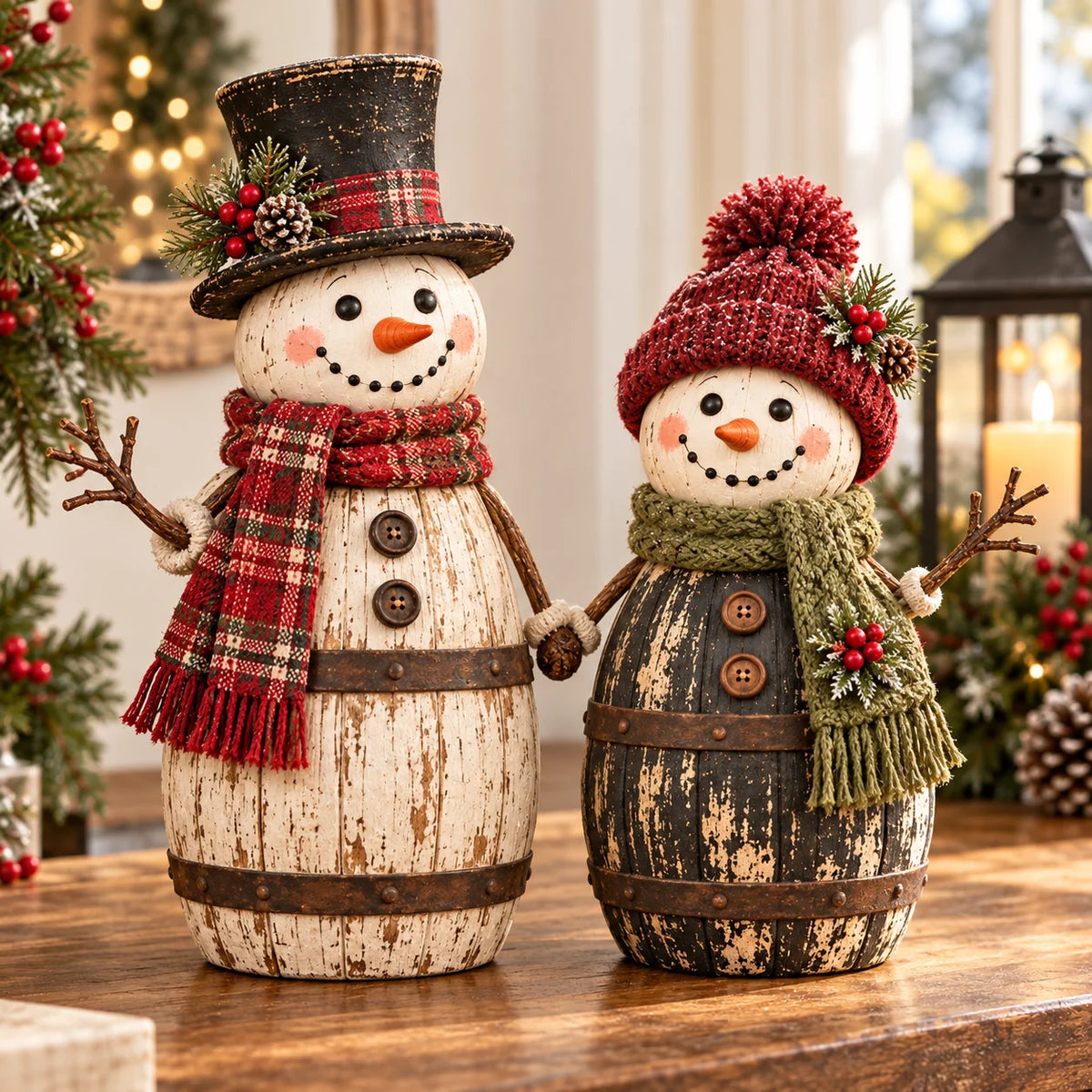 ⛄ Farmhouse Frosty | Whitewashed Barrel Snowman Decor