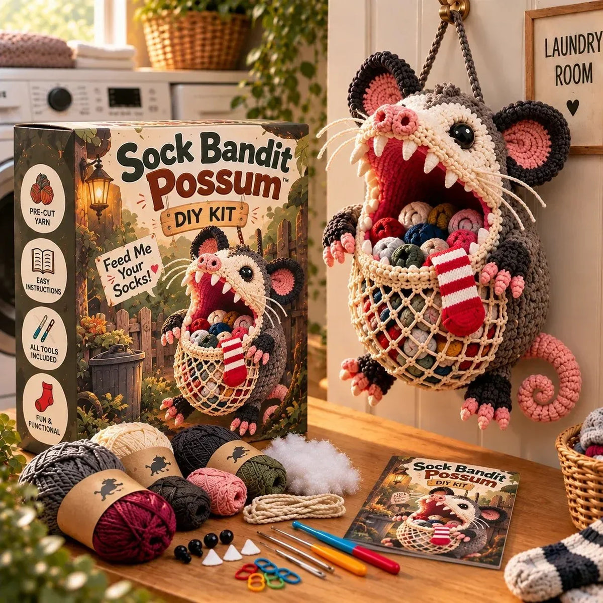 🧶🧦 DIY Crochet Sock-Eating Animal Kit – Funny Hanging Sock Holder & Handmade Gift