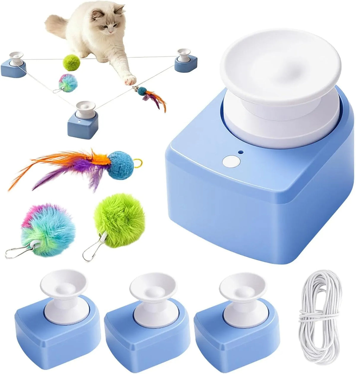 Automatic motorized cat toy with blue main unit, guide bases and colorful feather toys