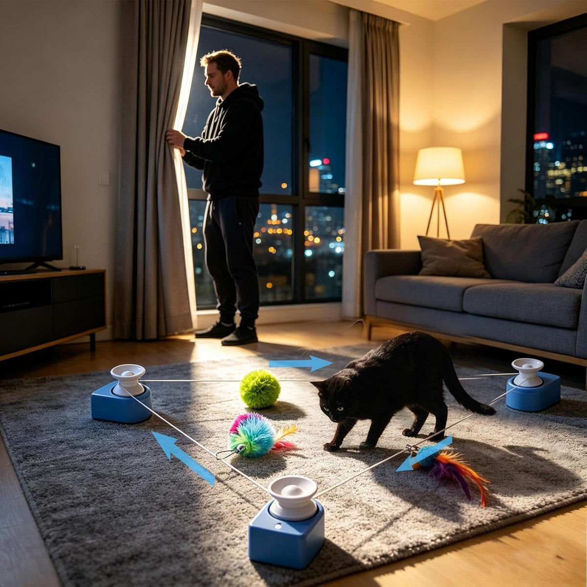 Cat playing with colorful moving feather lures at home