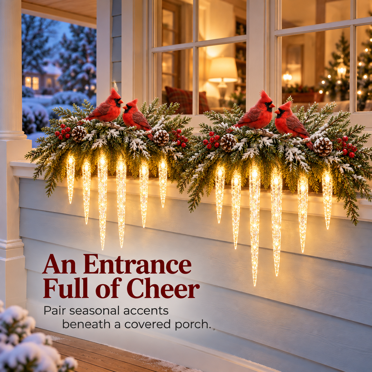 ✨Cardinal Winter Glow — Lighted Snowy Cedar & Icicle Christmas Decor