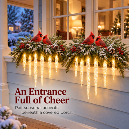 ✨Cardinal Winter Glow — Lighted Snowy Cedar & Icicle Christmas Decor