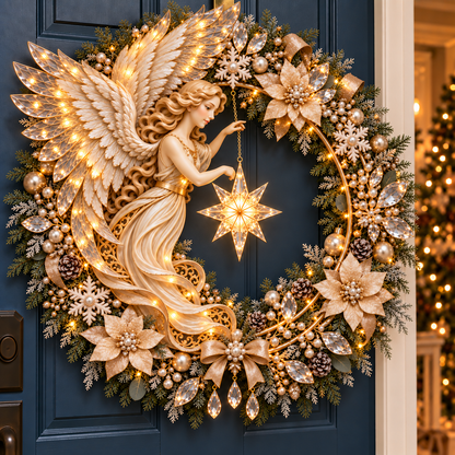 ✨ Heavenly Angel Christmas Wreath 🎄 Lighted Holiday Door Decor with Glowing Star