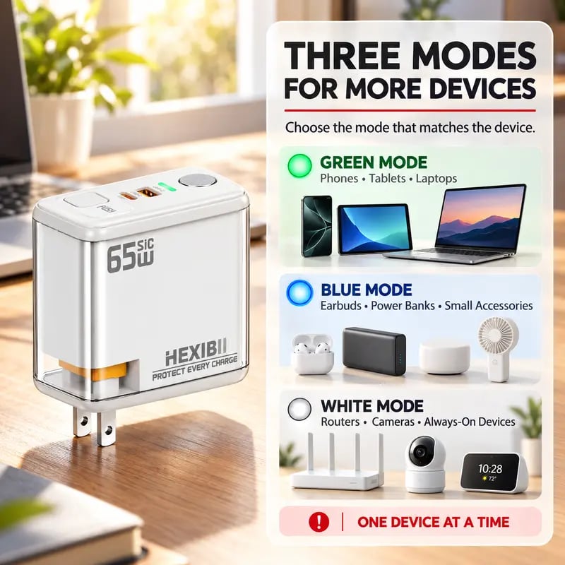 ⚡ HEXIBII 65W SiC Fast Wall Charger with Auto Power-Off – Dual USB-C & USB-A Charger Block for MacBook Pro, iPhone 18/17/16/15 & Galaxy