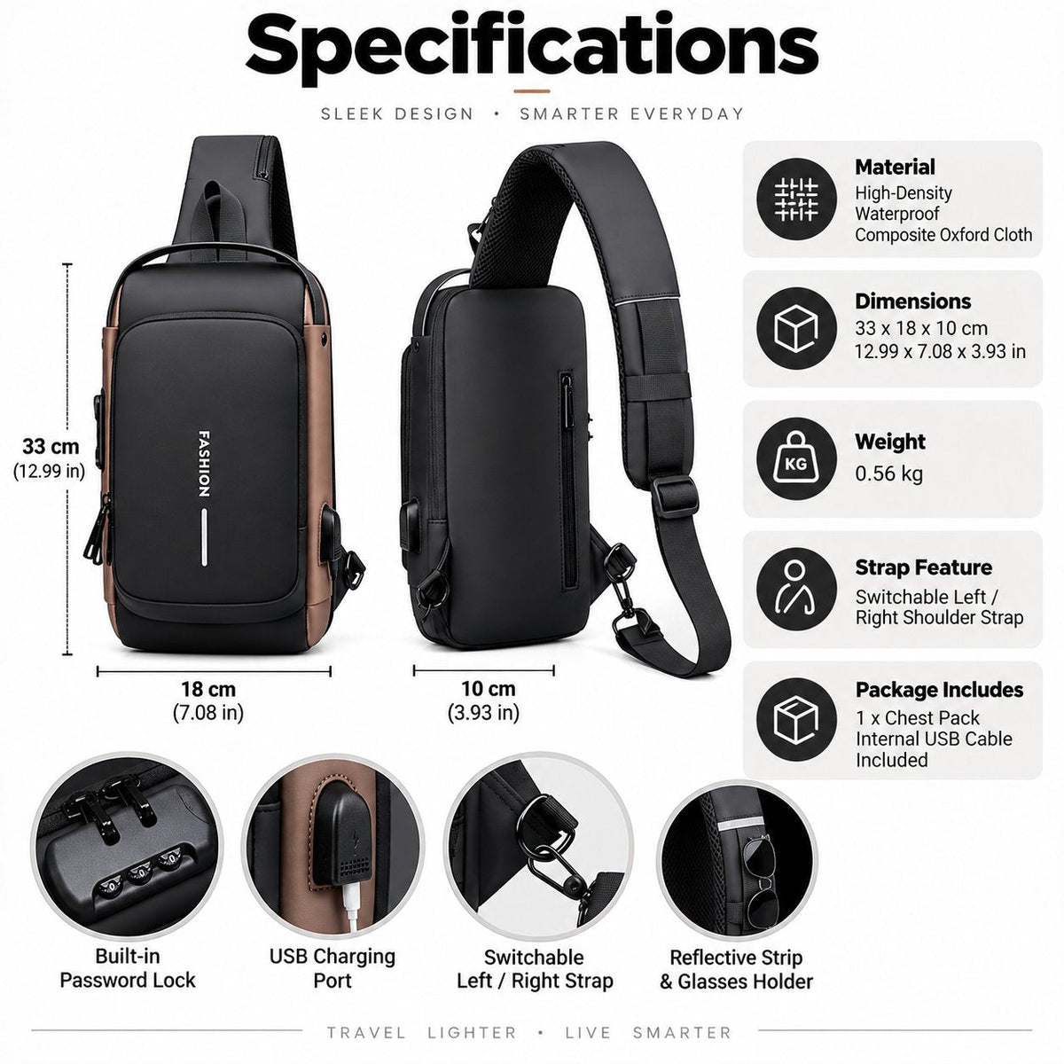🔒 Anti-Theft Smart Sling Bag | Built-in USB Charging & Secure Combination Lock
