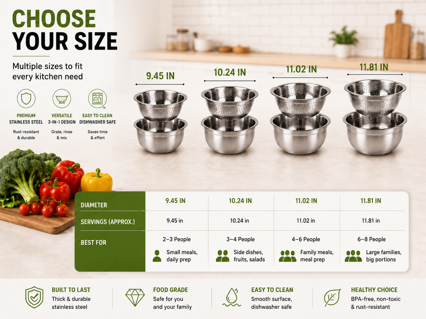 🎁3-in-1 Stainless Steel Grater Bowl & Colander Set