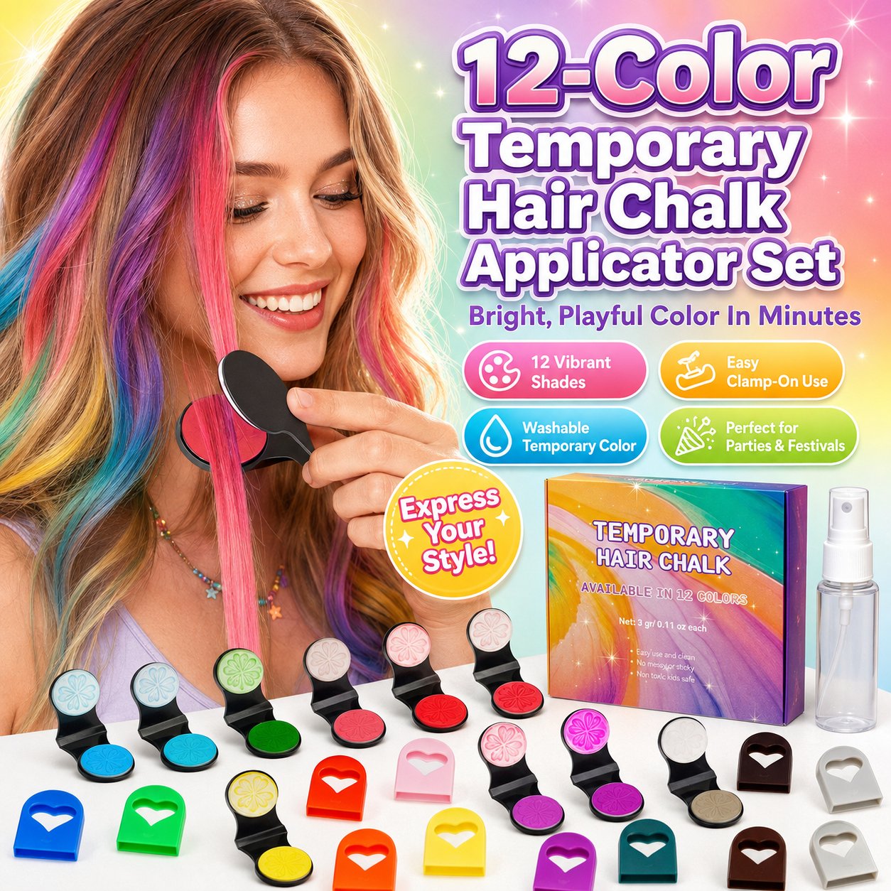 🔥🌈12-Color Temporary Hair Chalk Applicator Set