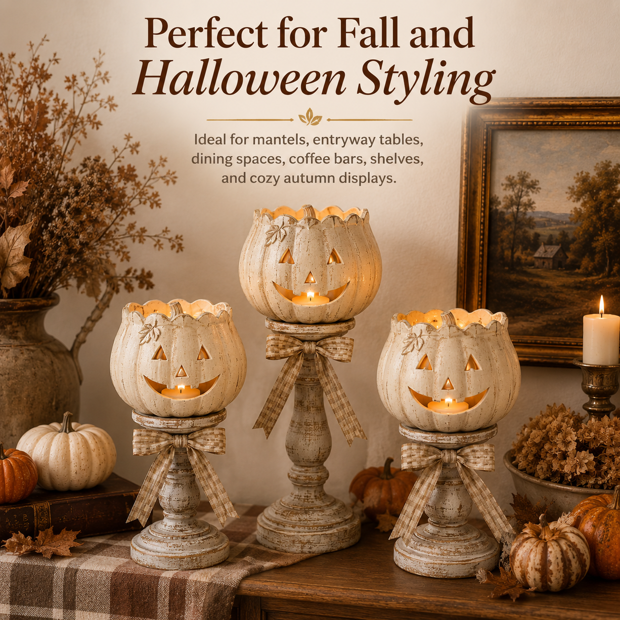 Harvest Glow White Pumpkin Pedestal Tealight Holders – Set of 3