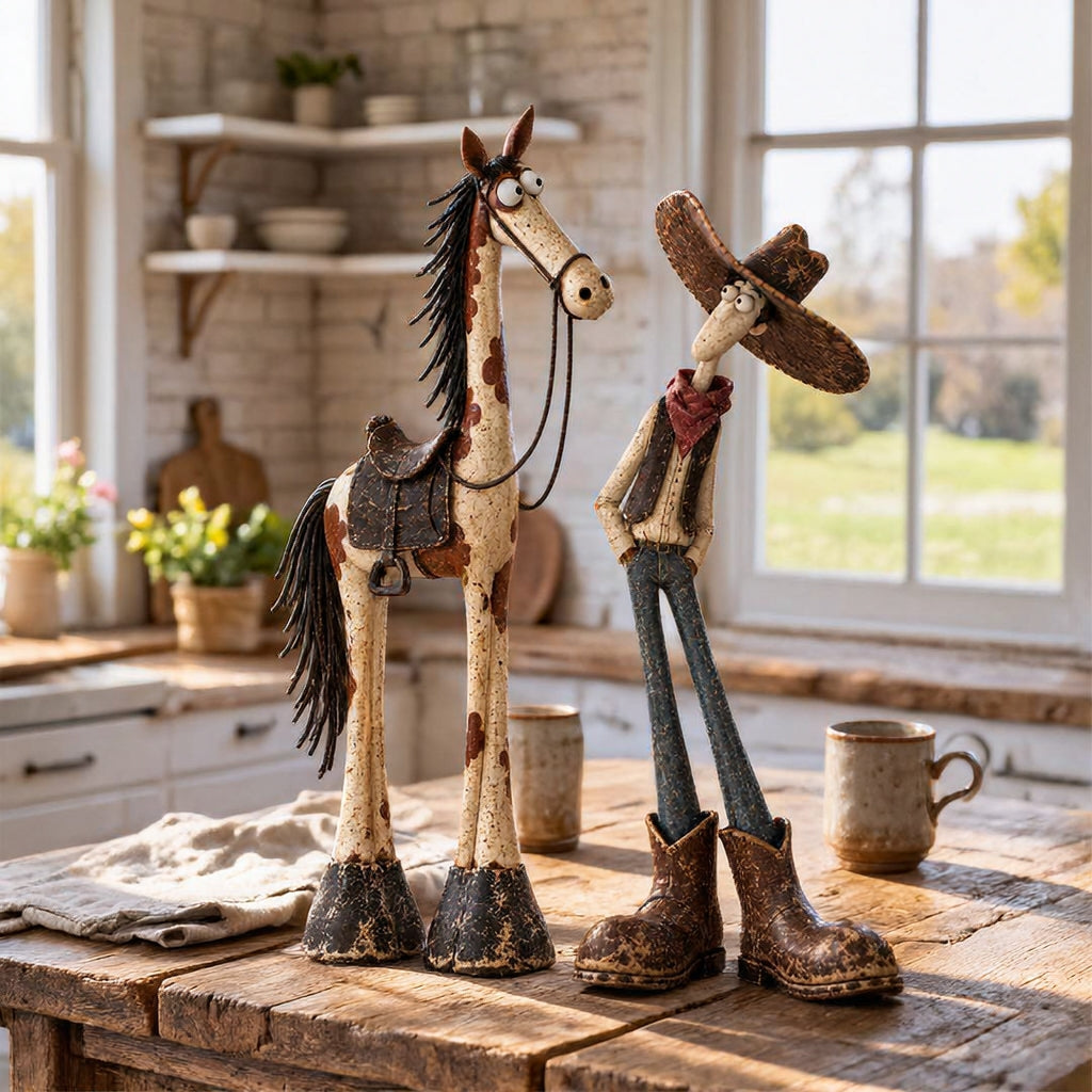 Whimsical Western Cowboy & Horse Figurine Duo 🐴🤠