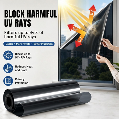 Black One-Way Mirror Privacy Window Film - Heat Insulation, 94% UV Blocking, Daytime Privacy for Home & Office