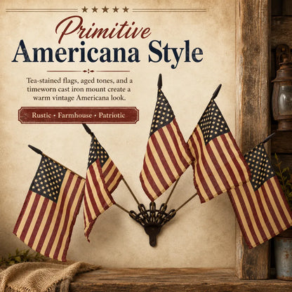 Five Tea-Stained Flags In A Rustic Cast Iron Wall Display